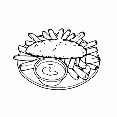 Fish and Chips with Tartar Sauce &ndash; Black Outline Vector Illustration