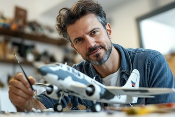 Craftsman with model airplane in workshop, focus and detail.