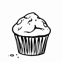 Freshly Baked Muffin with Crumbs &ndash; Black Outline Vector Illustration