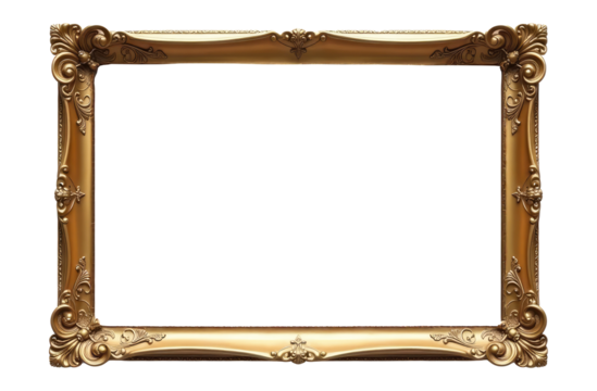 Old antique gold vintage decorative frame horizontal format cut out. PNG Frame. Stylish classic gold painting, carved design patterns