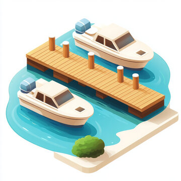 minimal isometric icon showing small marina with boats and dock