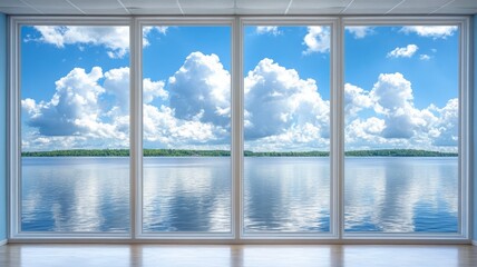 Fototapeta premium Natural scenic view from large office windows modern workspace tranquil lake and cloud reflections bright atmosphere
