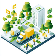 Obraz premium Sustainable urban design with green trees, trucks, and smart buildings