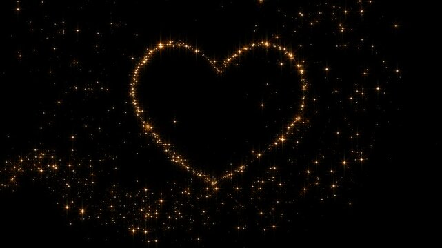 valentines day heart shape frame golden sparkle particle glitters light trail alpha channel loop 4k animation, lshiny glowing gold stars on transparent background love motion design element