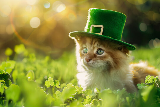 Adorable cat in green hat celebrating St. Patrick's Day