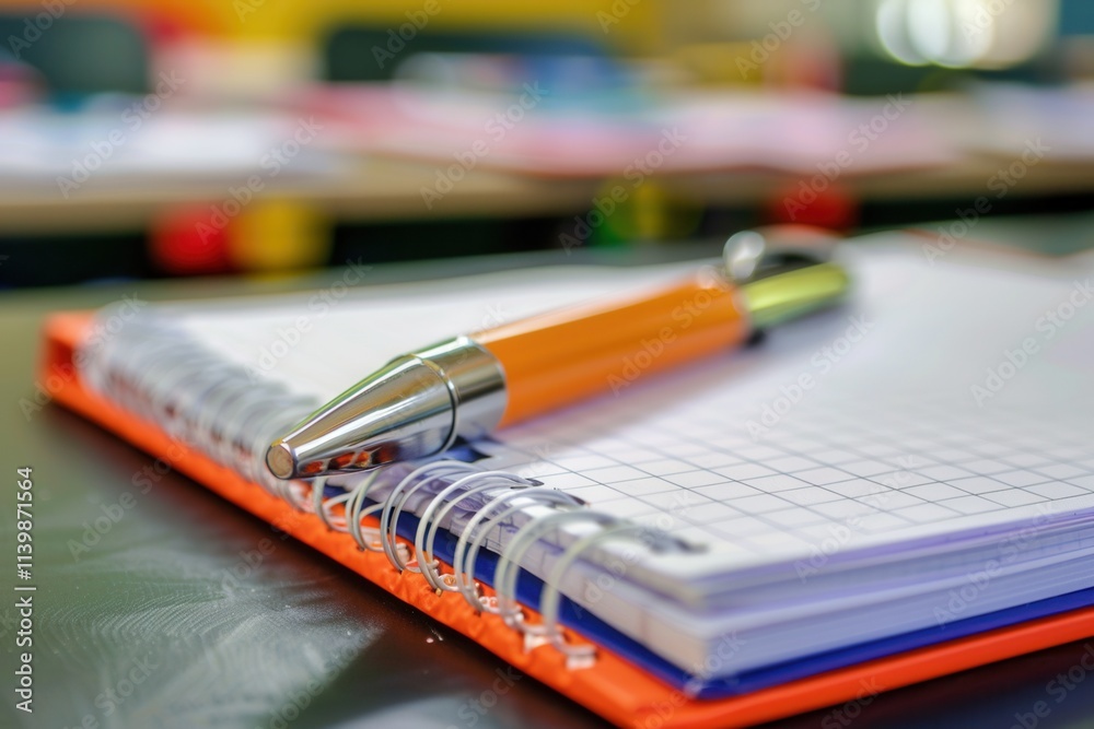 Poster Notebook and pen resting on a desk in a modern classroom filled with bright orange chairs during a sunny day. Generative AI
