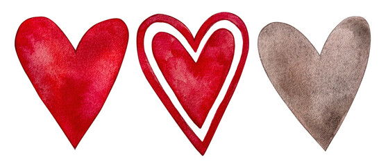 Set festive watercolor red grey hearts