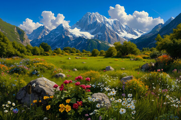 Fototapeta premium A field of flowers in front of a mountain range