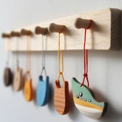 Wooden rack holds colorful hanging ornaments.