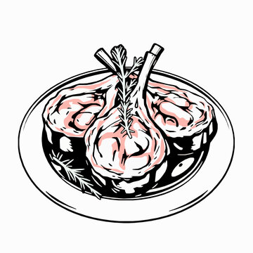 lamb chops on plate, black and white clip art preview