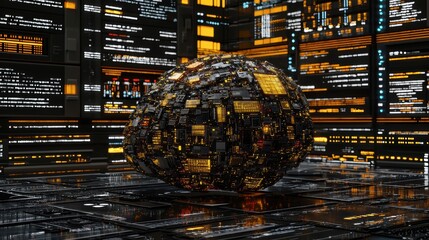 Futuristic Abstract Digital Sphere Surrounded by Neon Data Streams