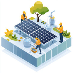 Sustainable design with solar panels and workers in green environment