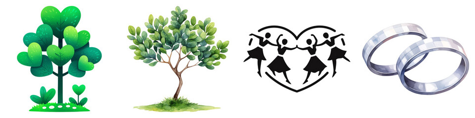 Valentines clipart concept. Heart-shaped trees and wedding rings illustration on Transparent background.