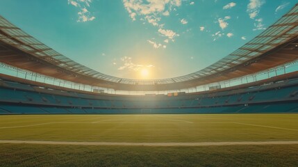 art direction of soccer football stadium interior, a sunny sky