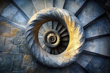Fototapeta premium Abstract architectural spiral staircase with curved lines and dramatic shadows in monochrome black and white
