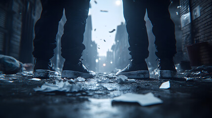 A dark alley at night, dimly lit by a single streetlight, creating a mysterious and eerie atmosphere, evoking feelings of solitude, suspense, and the unknown in a nighttime urban setting.
