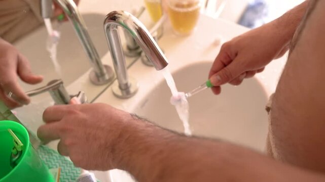 Young adult man preparing his toothbrush and brushing his teeth in the bathroom