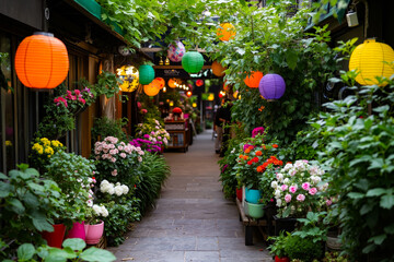 A narrow alley lined with lots of colorful lanterns and flowers