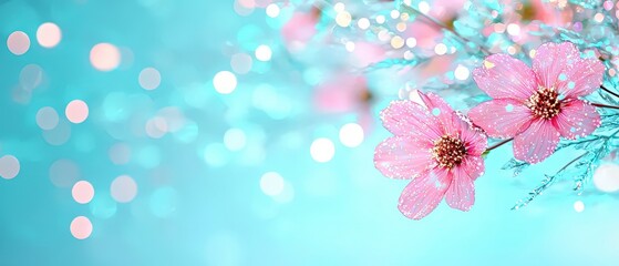 Fototapeta premium Pink Cosmos Flowers Dew Drops Soft Bokeh Floral Background Nature Photography