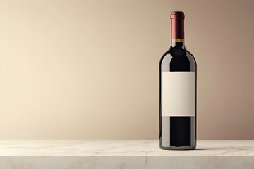 Minimalist wine bottle on marble, beige background, blank label