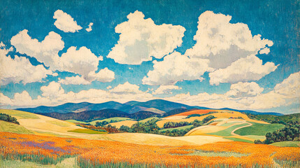 Rolling Hills Landscape Under a Summer Sky