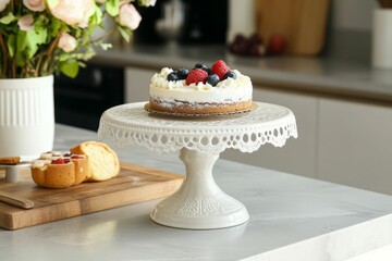 Berry-topped cake on ornate white stand.