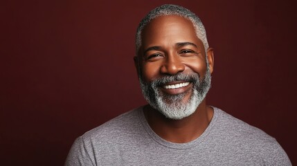Smiling mature man with grey beard on maroon backdrop.