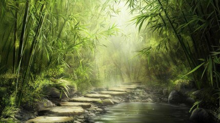 Obraz premium A serene Zen-inspired home garden with bamboo plants, a tranquil pond, and a minimalist stone path. The peaceful environment promotes relaxation, mindfulness, and harmonious living. 