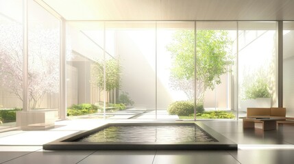 A serene Zen-inspired home with minimalist furniture, a calming indoor water feature, and floor-to-ceiling windows opening to a tranquil garden. The peaceful retreat emphasizes balance, simplicity, 