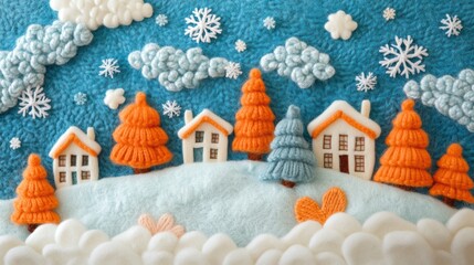 Felt winter wonderland village on snowy hillside with knitted trees