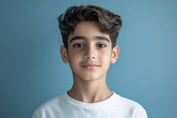 Young boy with curly hair and a warm smile on blue backdrop