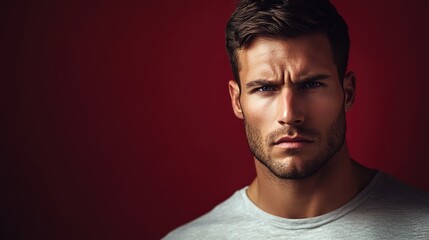 Fototapeta premium Handsome man with intense gaze against red background
