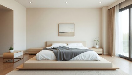 Minimalist Style - Master Bedroom Interior Design With Minimalist Concept - Hotel Master Bedroom - Apartment Master Bedroom Interior With Bed - Interior Design - Minimalist Interior Of Bedroom