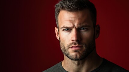 Obraz premium Serious man with stubble on dark red background, intense gaze.