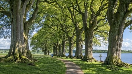 Obraz premium Lush Green Pathway Among Trees Near a Tranquil Lake in Springtime