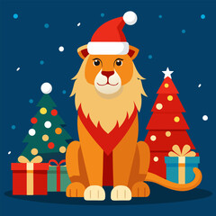 The Christmas King: A Festive Lion in Winter Wonderland. A stunning vector artwork featuring a majestic lion, symbolizing strength and regality,  