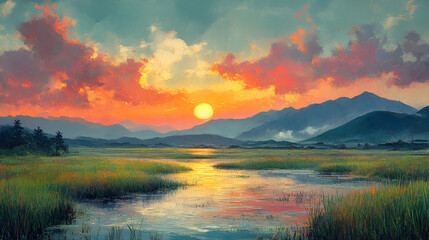Obraz premium Serene Sunset Over Mountain Landscape With River