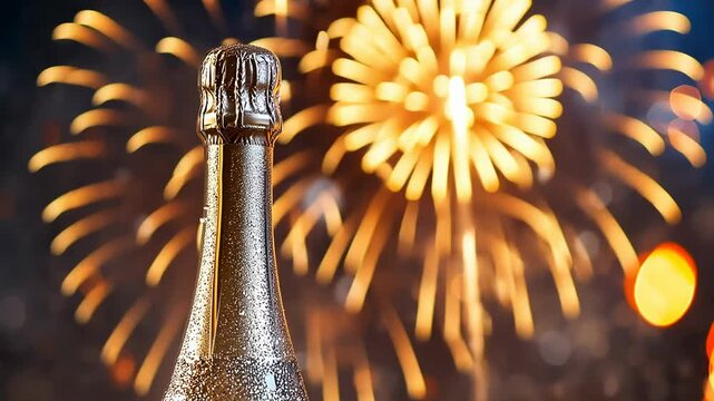A glittering champagne bottle forefronts vibrant fireworks, capturing a festive mood. The scene, likely at night, suggests celebrations, joy, and luxury, perfect for New Year's Eve or festive
