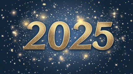 2025 in gold with sparkles and fairy lights on midnight blue background