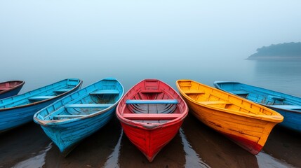 Naklejka premium Fog hovering over small fishing boats docked near a village shore