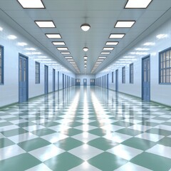 Obraz premium Long Corridor Interior Architecture Green White Checkered Floor Modern Design School