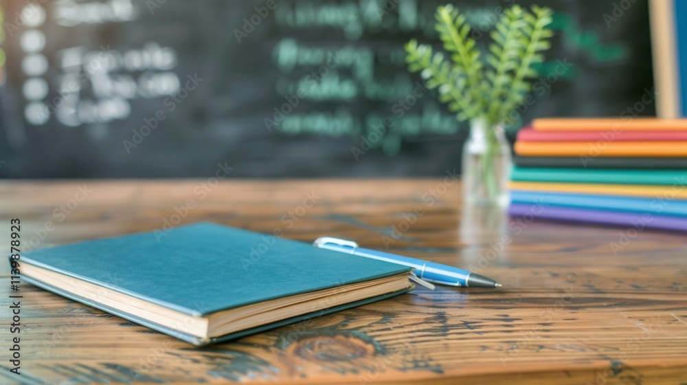 Leinwandbilder notebooks and stationery arranged neatly on a wooden desk by a chalkboard in a study space. generati