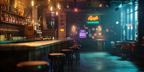 A bar with neon lights and a neon sign. The bar is empty and the lights are dim