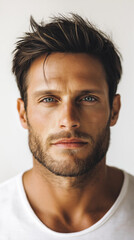 Fototapeta premium Close-up portrait of handsome dark-haired man with blue eyes