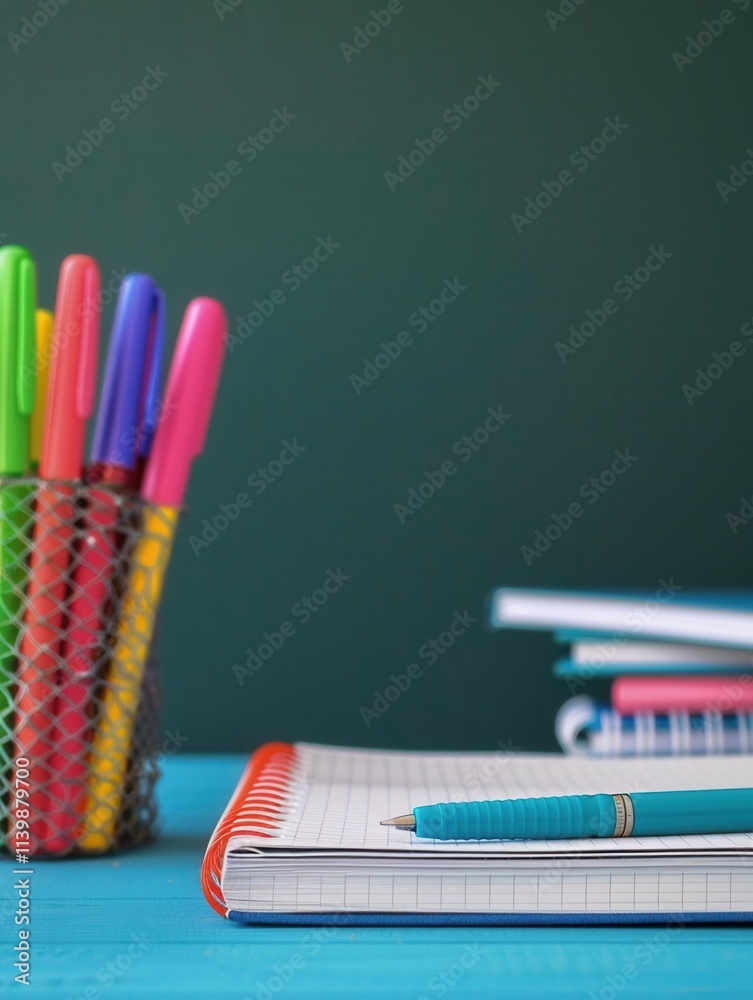 Poster colorful stationery and notepad arranged on a bright blue desk during a study session. generative ai