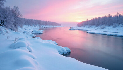 Winter landscape: frozen river bank covered with snow at sunrise. Panoramic photo with pink reflection of light on the ice surface.