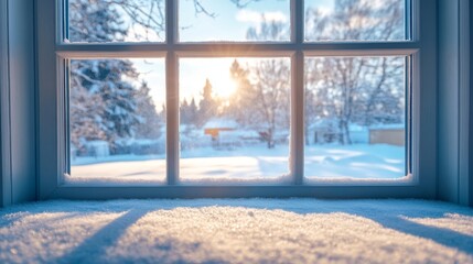 Soft sunlight bathes a snowy yard and trees in warm hues, creating a peaceful winter atmosphere...