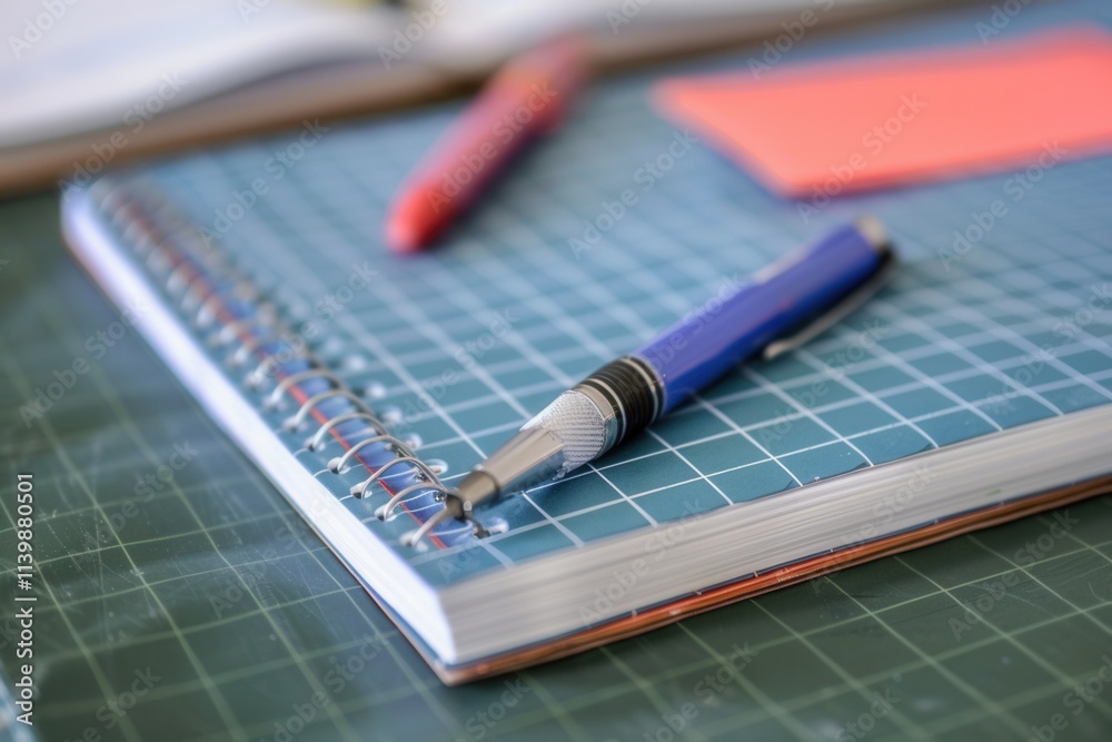 Leinwandbilder Notebook and pen resting on a desk in a modern classroom filled with bright orange chairs during a sunny day. Generative AI