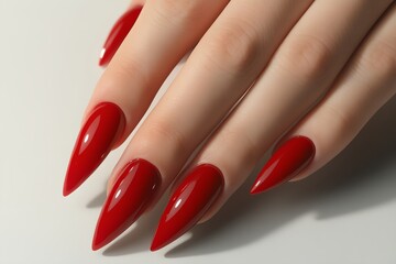 A woman's hand with red nails. The nails are long and pointy. Concept of elegance and sophistication