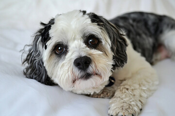 Fototapeta premium Adorable pet dog resting on soft white background